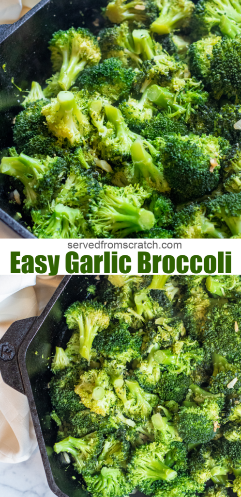 two cast irons of sauteed broccoli and garlic with Pinterest pin text.