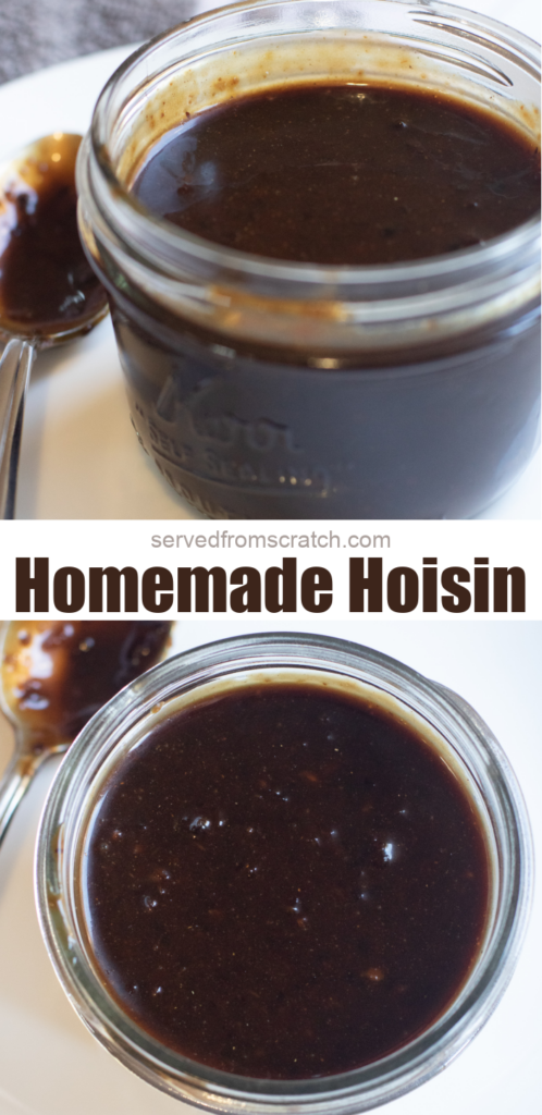 two mason jars of open hoisin sauce with Pinterest pin text.