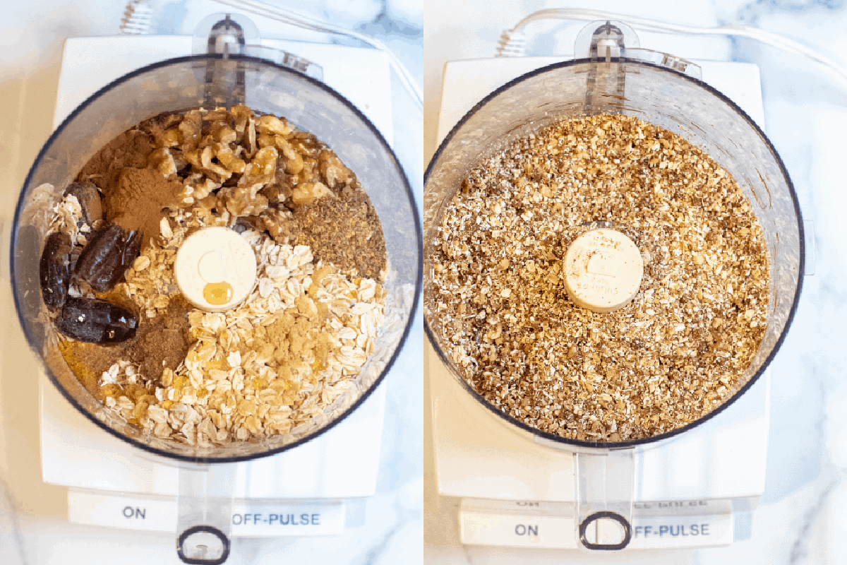two food processors, one with dates, walnuts, oats, and spices and the other with it all blended.