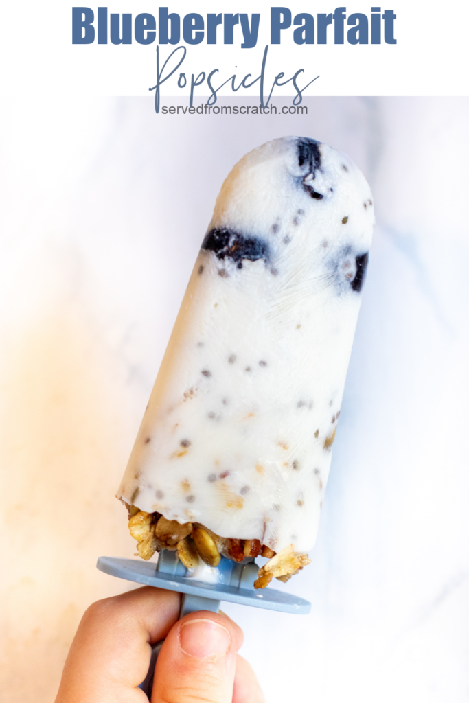 a hand holding a popsicle with blueberries and granola.