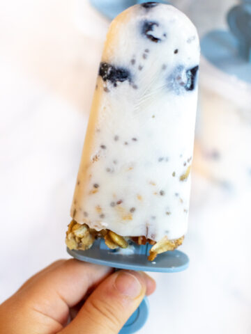 a hand holding a popsicle with blueberries and granola.