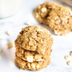 stacked oatmeal white chocolate chip cookies.