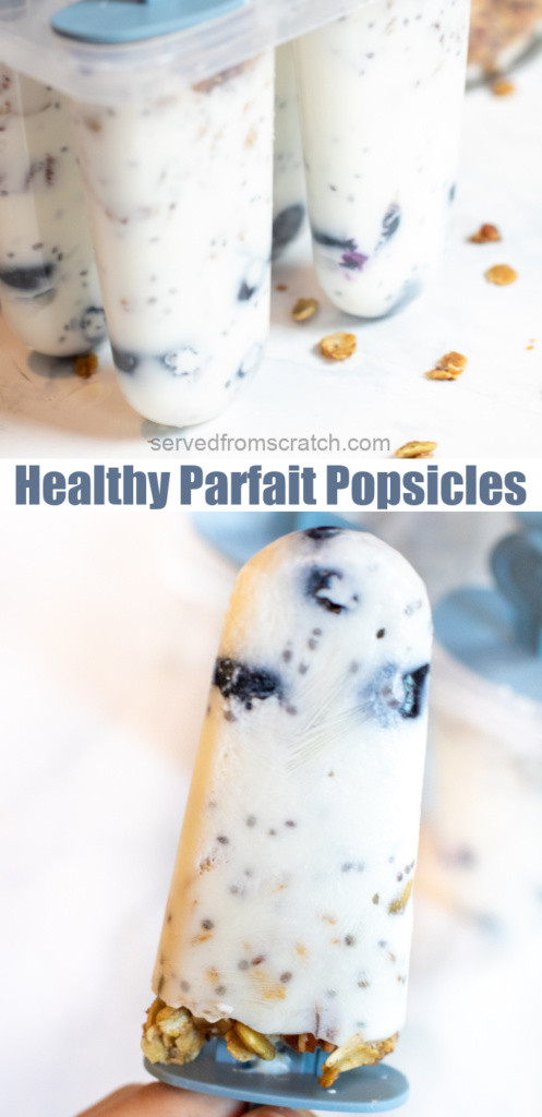 a hand holding a popsicle with blueberries and granola with Pinterest pin text.