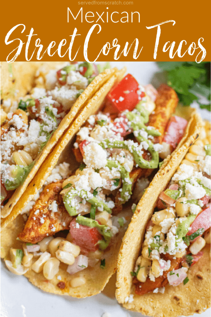 a plate of 3 corn tortilla tacos topped with crumbled cotija cheese and Pinterest pin text.