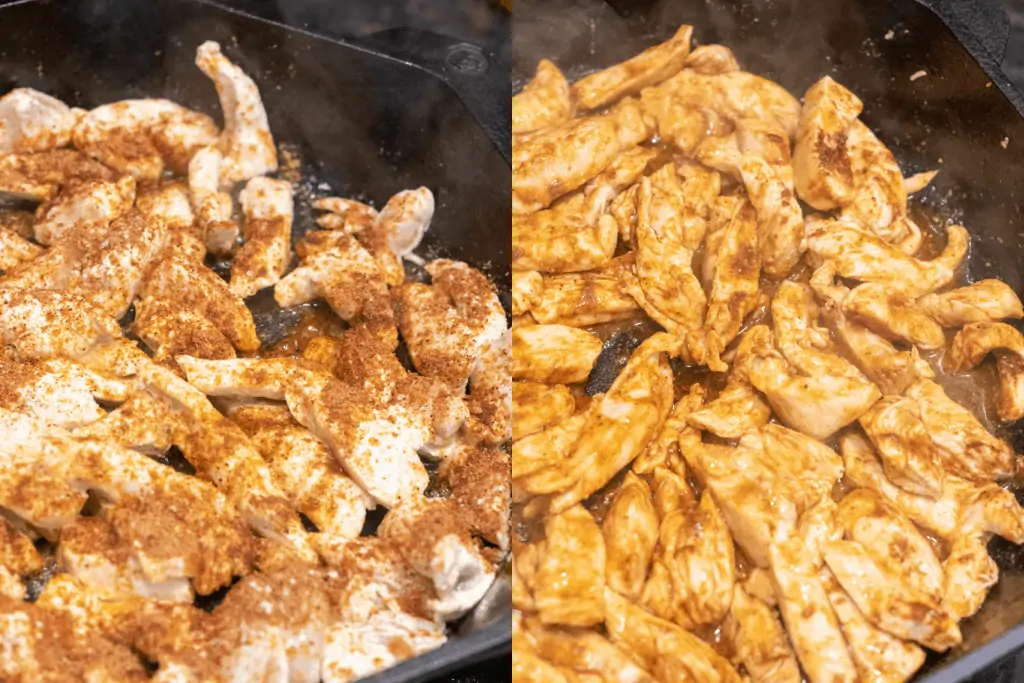 a cast iron with cooking strips of chicken with taco seasoning.