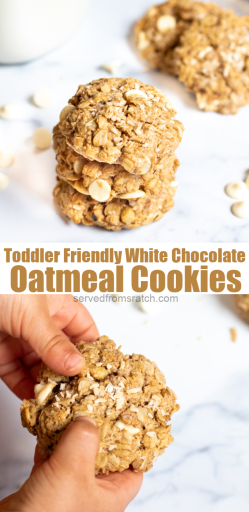 cookies on parchment paper and a toddler hand holding a cookie with Pinterest pin text.