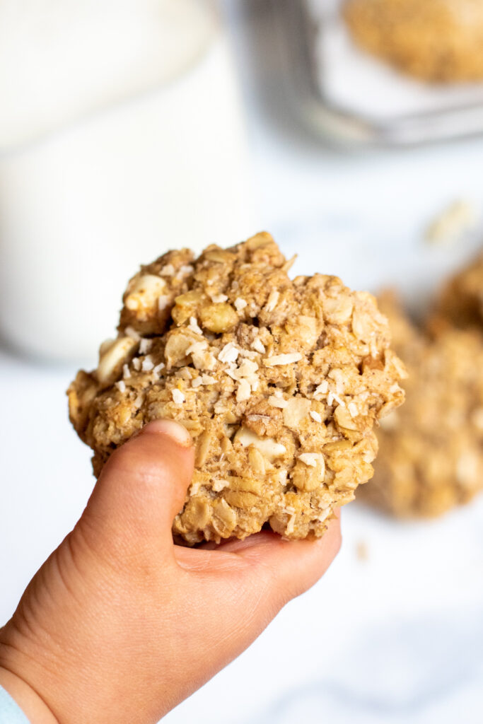 a toddler hand holding a cookie.