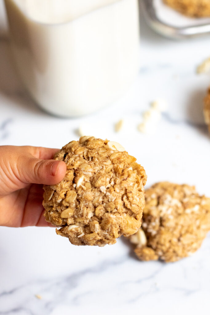 a toddler hand holding a cookie.