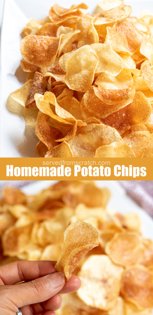 a plate of thin crispy potato chips and a hand holding a chip with Pinterest pin text.