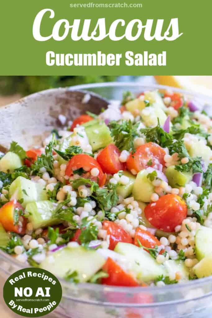 a bowl of couscous, cucumber, tomato salad with herb and Pinterest pin text with NO AI sticker.