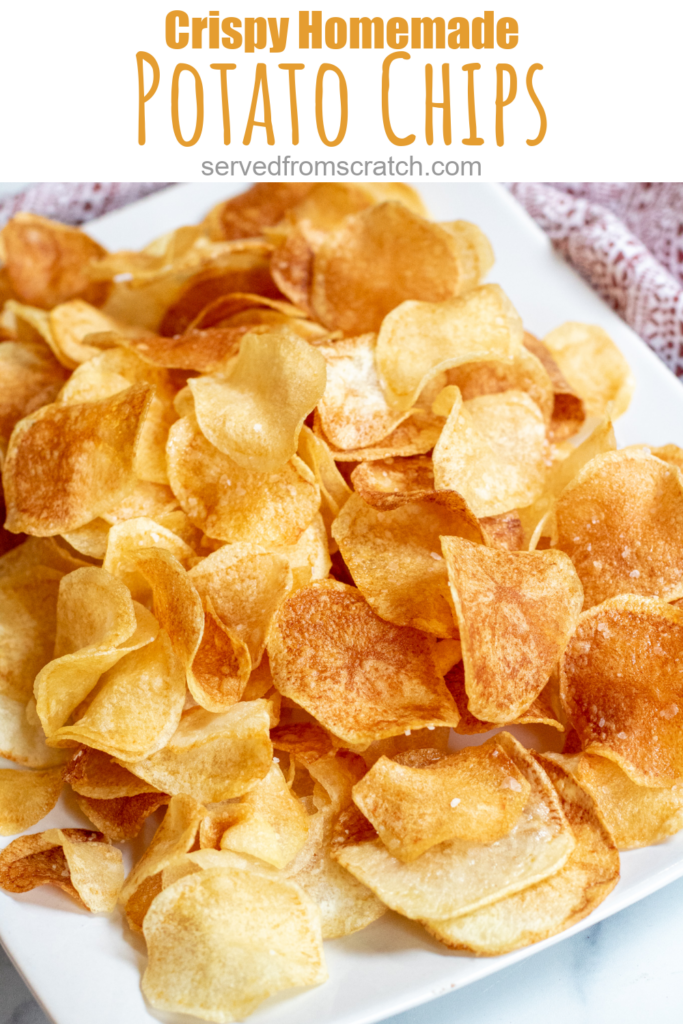 a plate of thin crispy potato chips with Pinterest pin text.