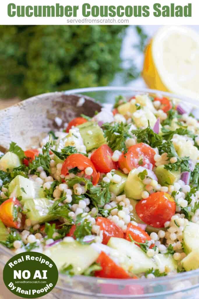 a bowl of couscous, cucumber, tomato salad with herb and Pinterest pin text with NO AI sticker.