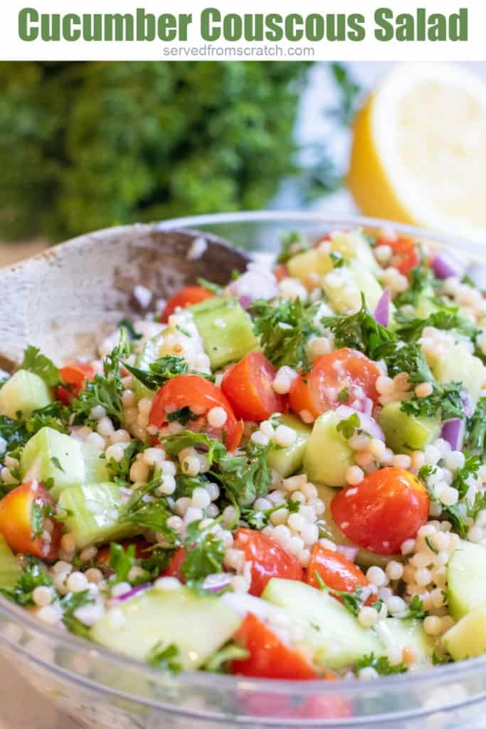 a bowl with a wooden spoon and cucumber and couscous with Pinterest pin text.