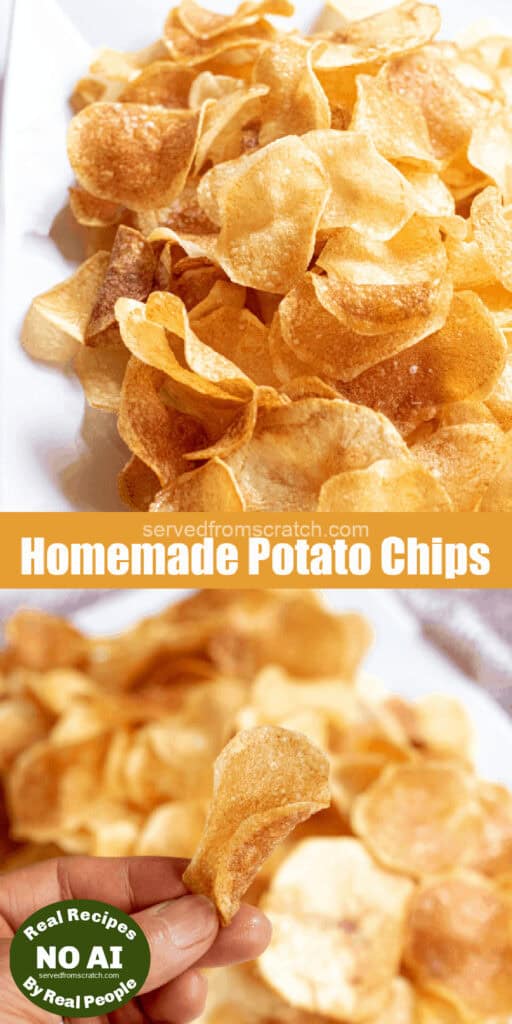 a plate of thin crispy potato chips and a hand holding a chip with Pinterest pin text with NO AI sticker.