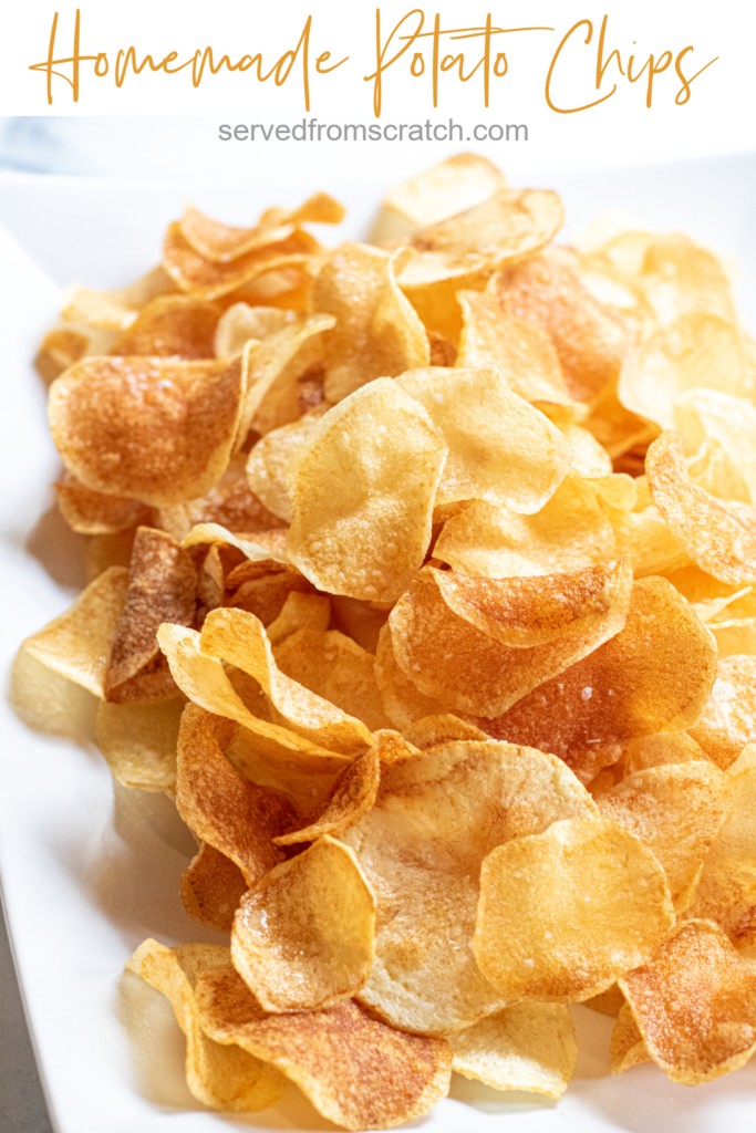 a plate of thin crispy potato chips with Pinterest pin text.