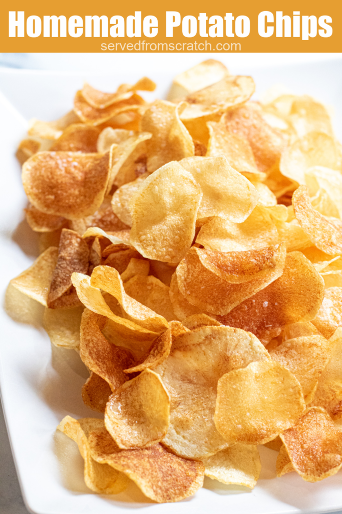 a plate of thin crispy potato chips with Pinterest pin text.