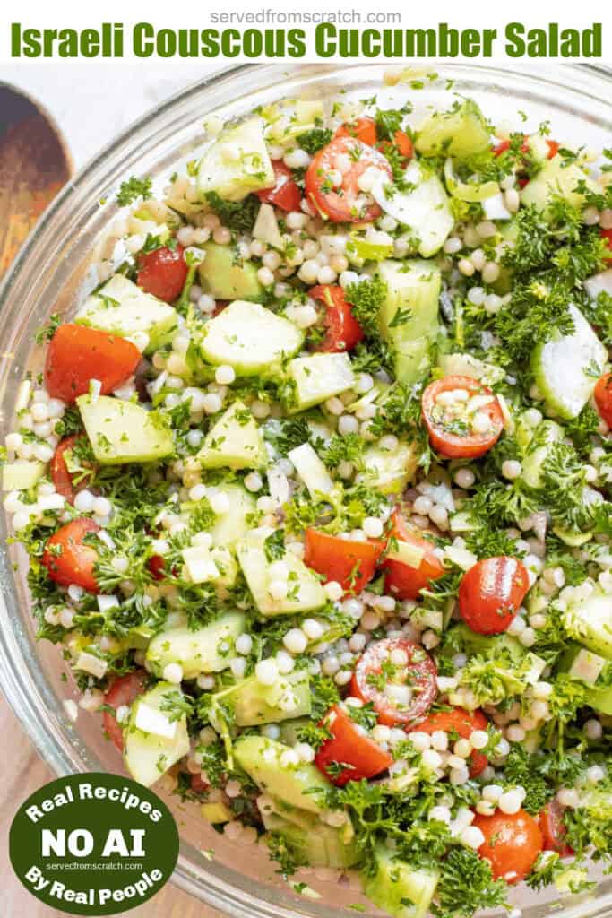 a bowl of couscous, cucumber, tomato salad with herb and Pinterest pin text with NO AI sticker.