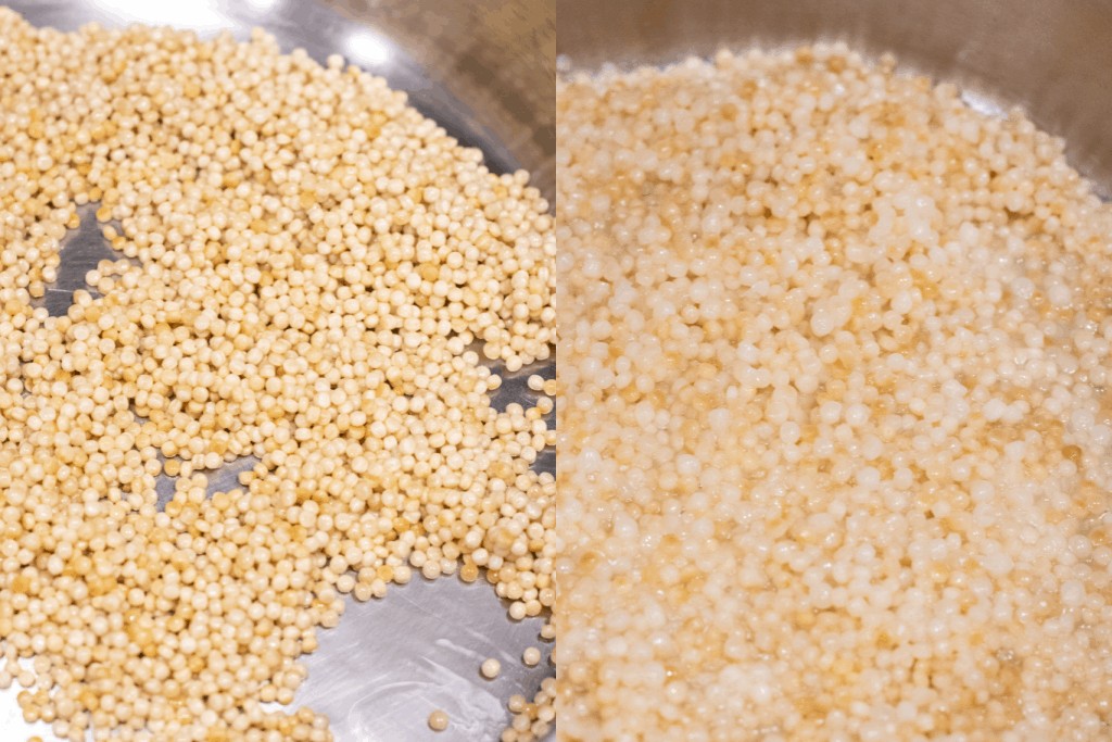 toasted couscous and then cooked couscous in a pan.