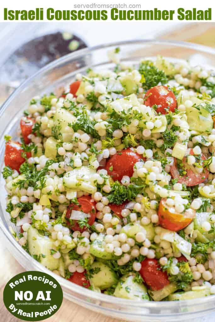 a bowl of couscous, cucumber, tomato salad with herb and Pinterest pin text with NO AI sticker.