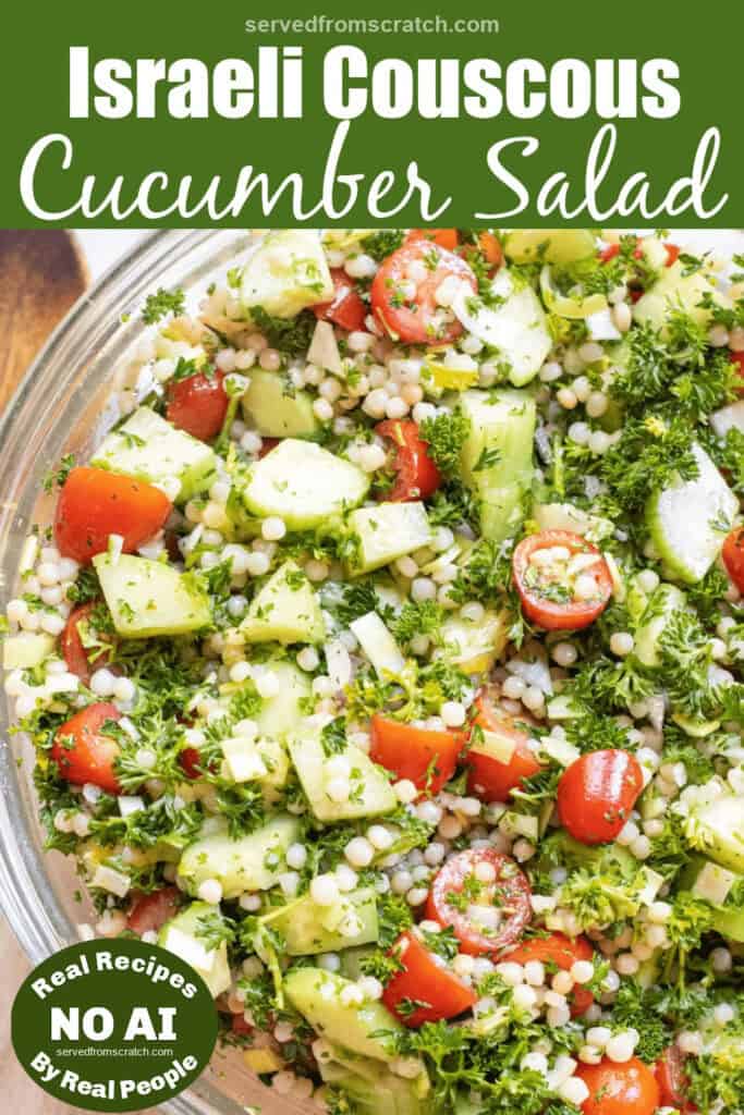 a bowl of couscous, cucumber, tomato salad with herb and Pinterest pin text with NO AI sticker.