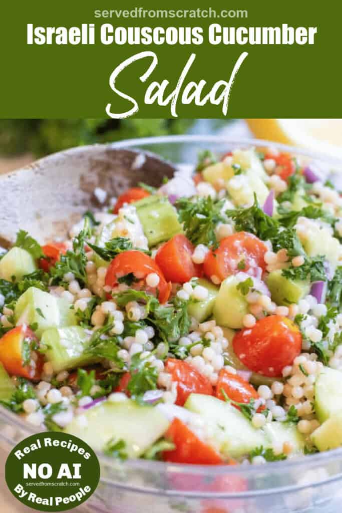 a bowl of couscous, cucumber, tomato salad with herb and Pinterest pin text with NO AI sticker.