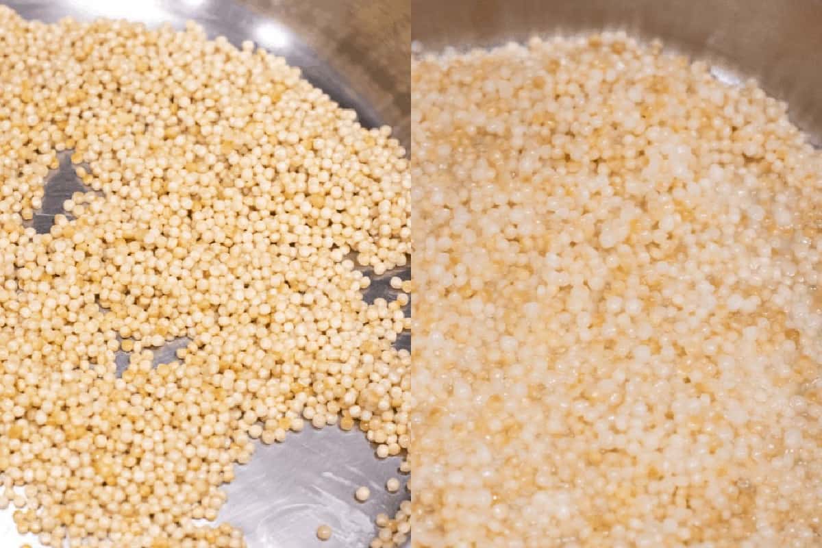 two pictures, one of dried couscous and one of cooked.