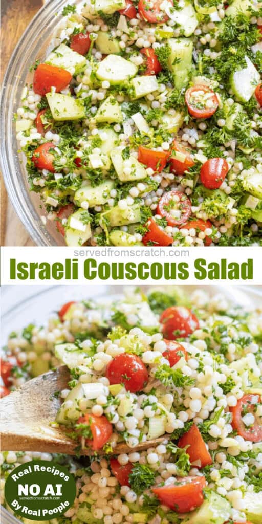 a bowl of salad with couscous, parsley, and cucumber and a bowl of it with a wooden spoon and Pinterest Pin text with NO AI sticker.
