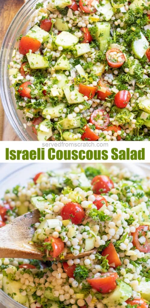 a bowl of salad with couscous, parsley, and cucumber and a bowl of it with a wooden spoon and Pinterest Pin text.