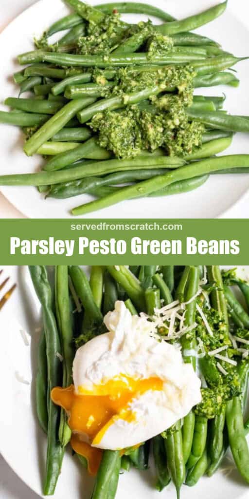 a plate of pesto topped green beans, Pinterest pin text, and the green beans with a poached egg on top.