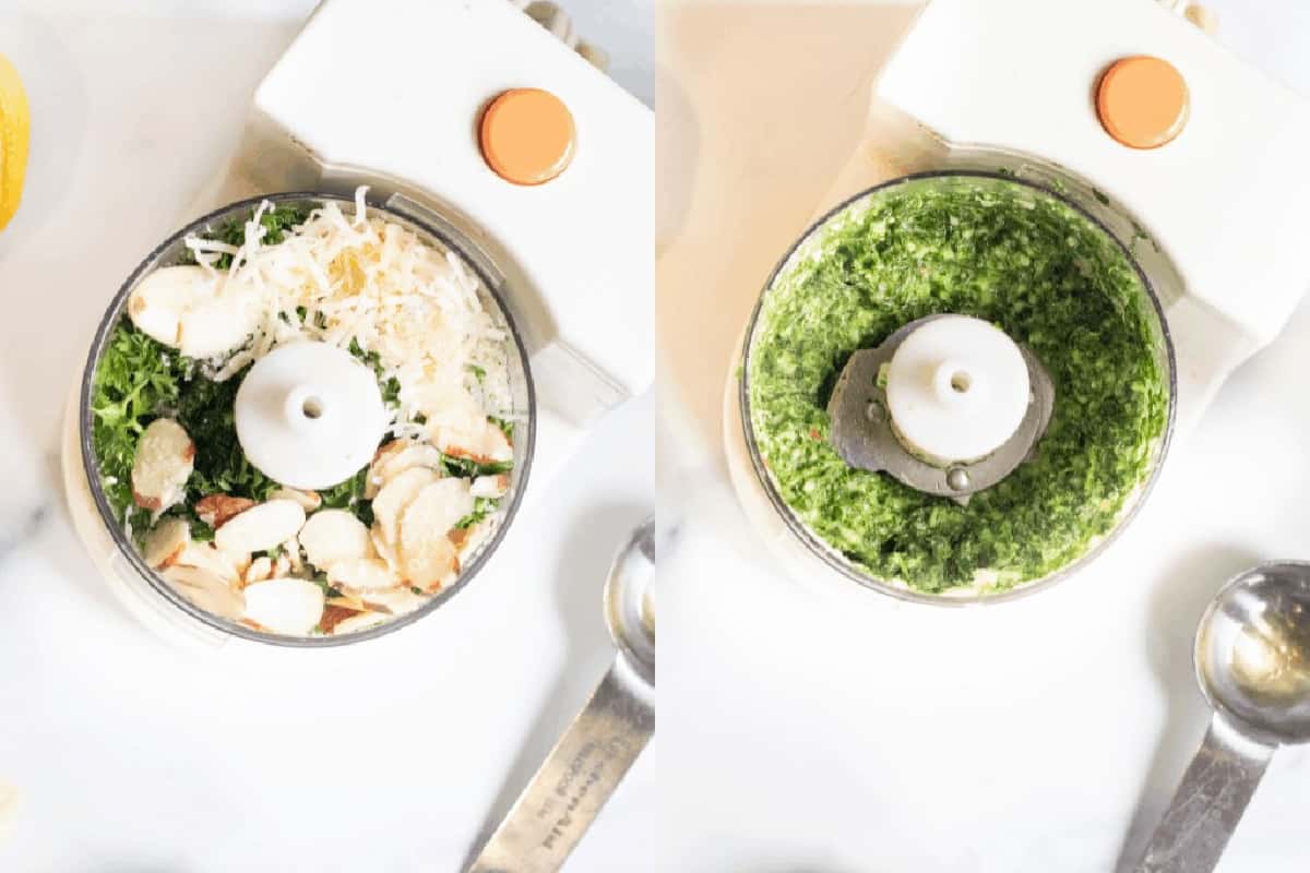 two mini food processors with pesto ingredients and blended pesto.