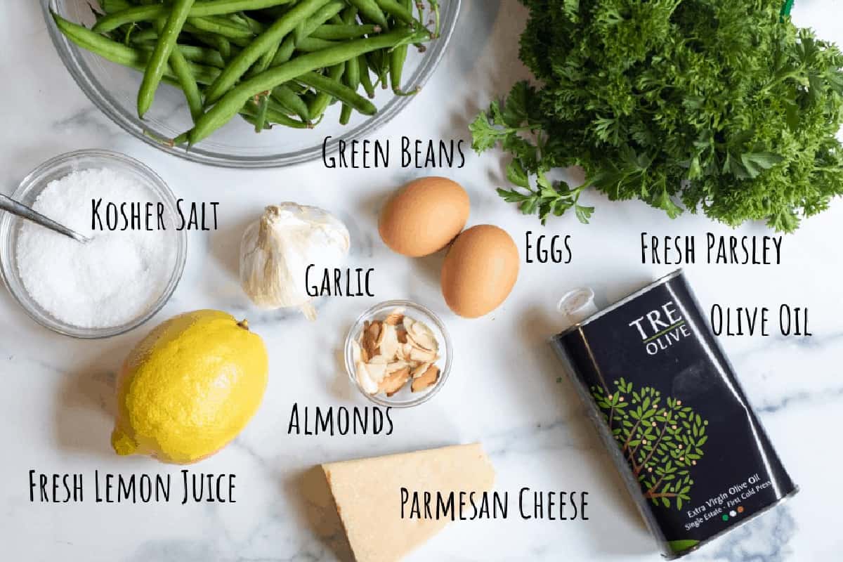 green beans, garlic, eggs, parsley, olive oil, parm cheese, almonds, and a lemon.