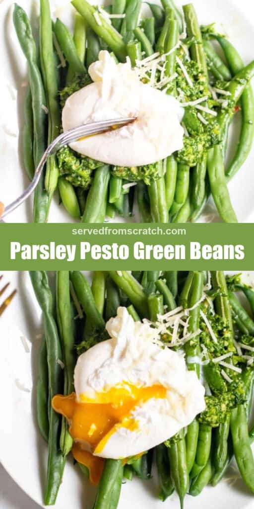 a plate of pesto topped green beans, Pinterest pin text, and the green beans with a poached egg on top.