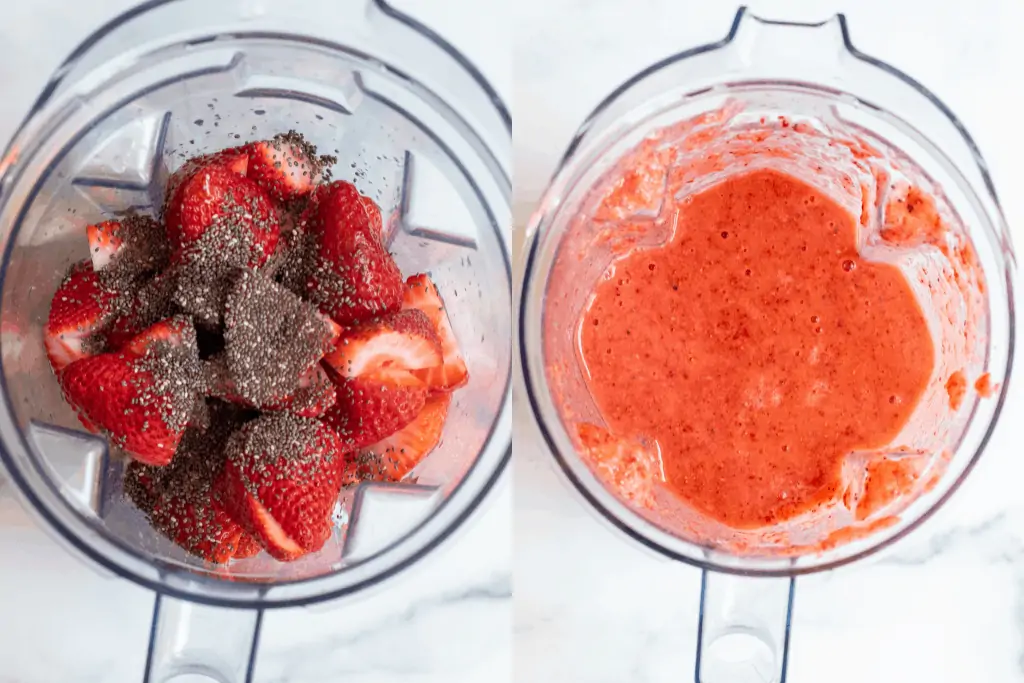 overhead of two blenders one with strawberries and chia seeds, and one mixed.