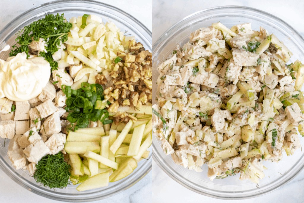 a bowl of ingredients for fennel apple salad in a bowl, and a bowl of it all mixed.