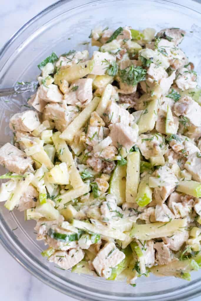a bowl of chicken salad.