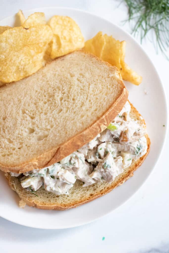 a stuffed sandwich with chicken salad on a plate with chips.