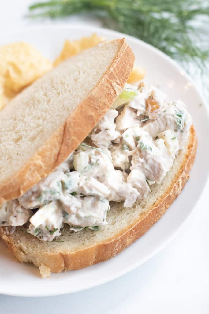 a stuffed sandwich with chicken salad on a plate with chips.