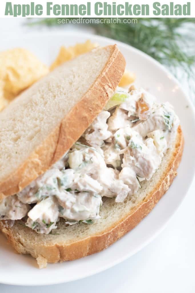 a stuffed sandwich with chicken salad on a plate with chips and Pinterest pin text.