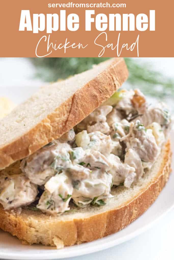 a sandwich with white bread and creamy chicken salad with Pinterest pin text.