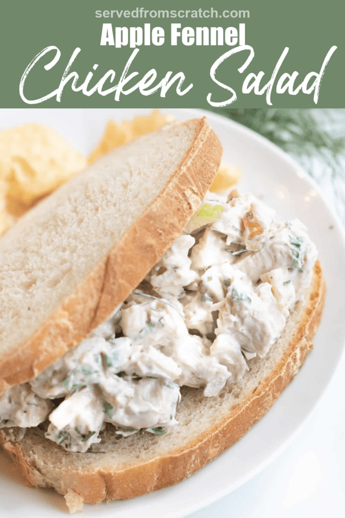 a sandwich with white bread and creamy chicken salad with Pinterest pin text.