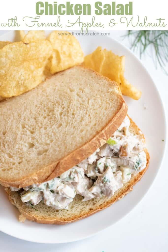 a stuffed sandwich with chicken salad on a plate with chips and Pinterest pin text.