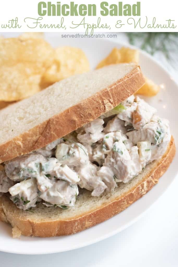 a stuffed sandwich with chicken salad on a plate with chips and Pinterest pin text.