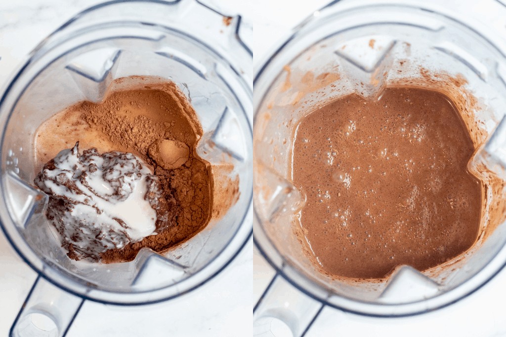 nutella, milk, and cacao in a blender and then mixed together.