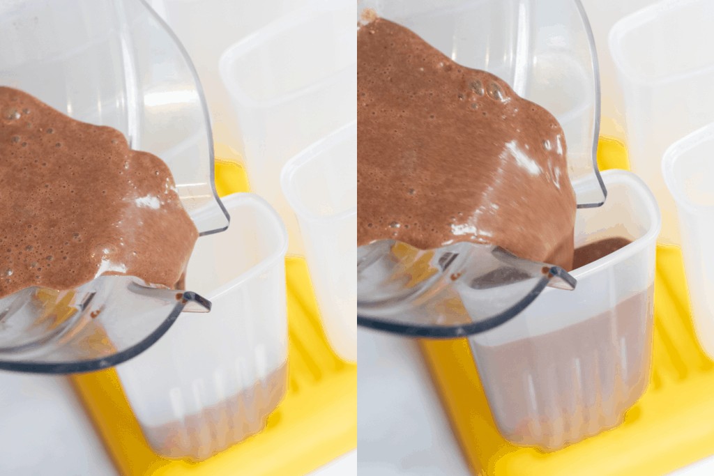 chocolate being poured into popsicle molds.