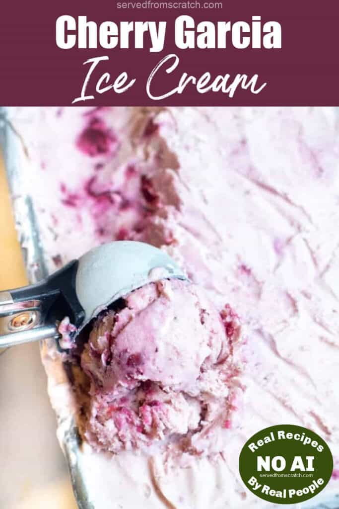 an ice cream scoop scooping cherry ice cream and Pinterest pin text and a NO AI sticker.