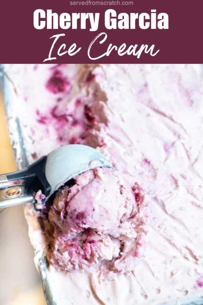 an ice cream scoop scooping cherry ice cream and Pinterest pin text.