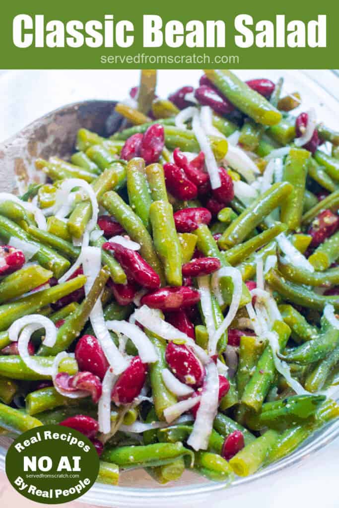 a large bowl of green bean and kidney bean salad with onions with Pinterest pin text with NO AI sticker.