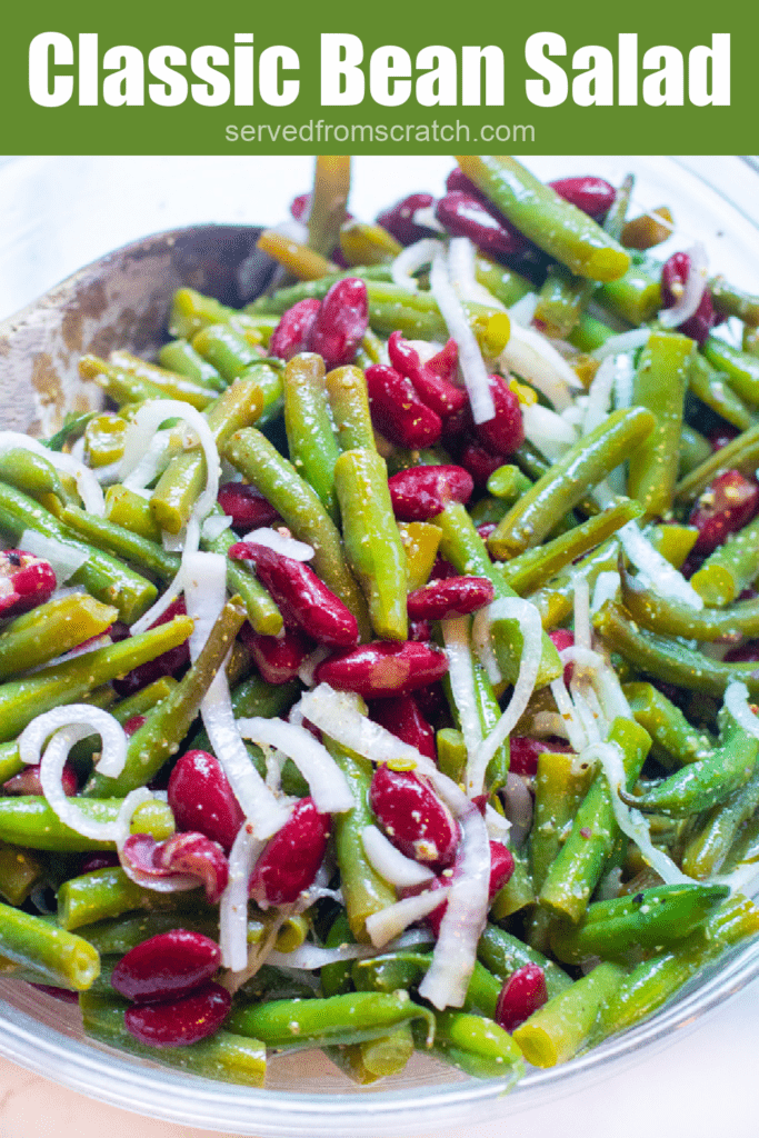 large bowl of kidney beans, onions, and green bean salad with Pinterest pin text.