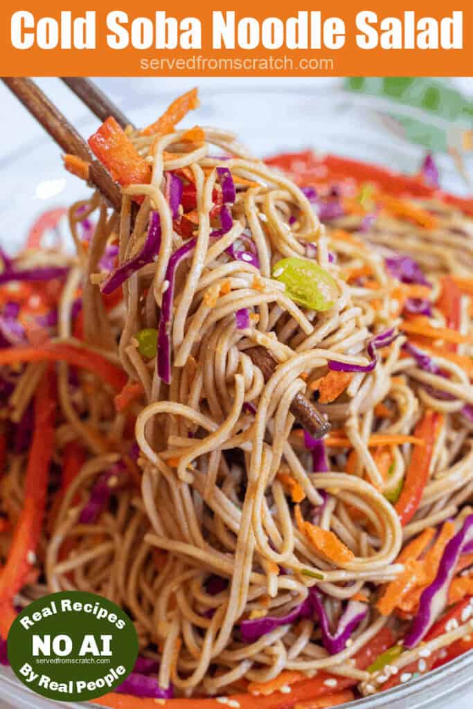 chopsticks holding up some noodles with edamame, carrots, cabbage, and red pepper with Pinterest pin text and NO AI sticker.