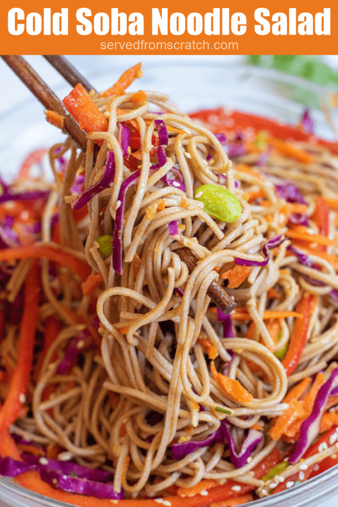 chopsticks holding up noodle salad with Pinterest pin text.